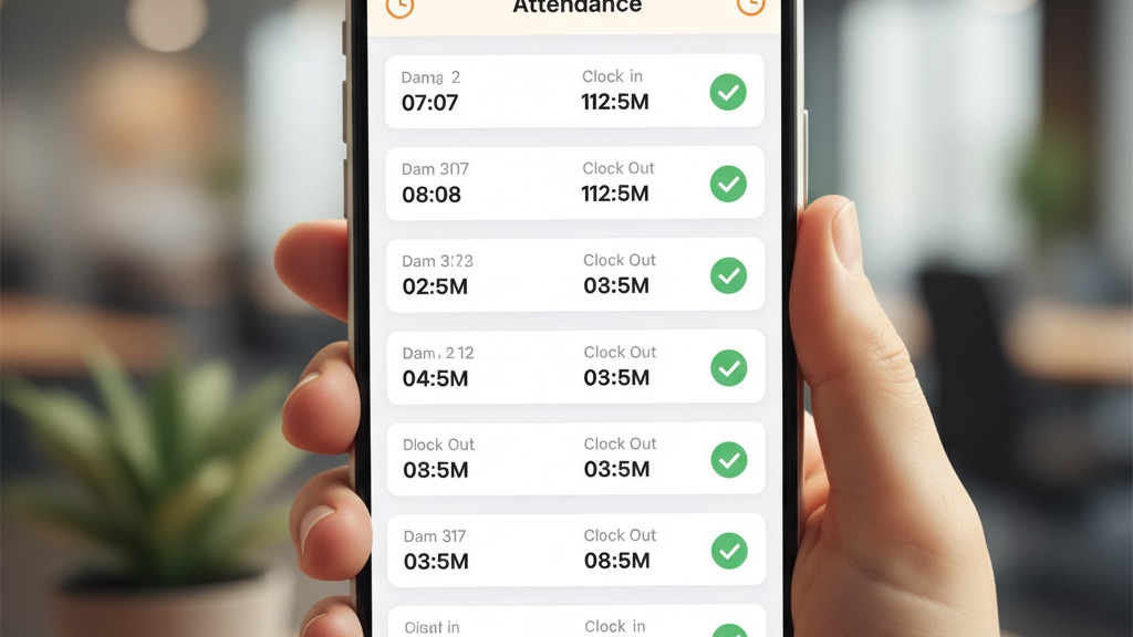 Phone showing an attendance list with clock-in and clock-out times