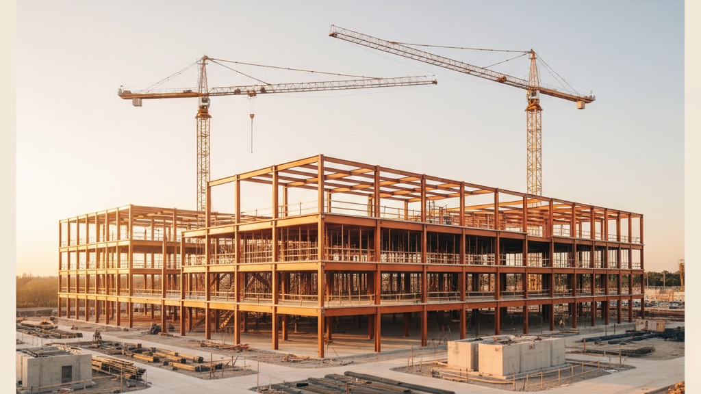 Construction site with tower cranes at golden hour