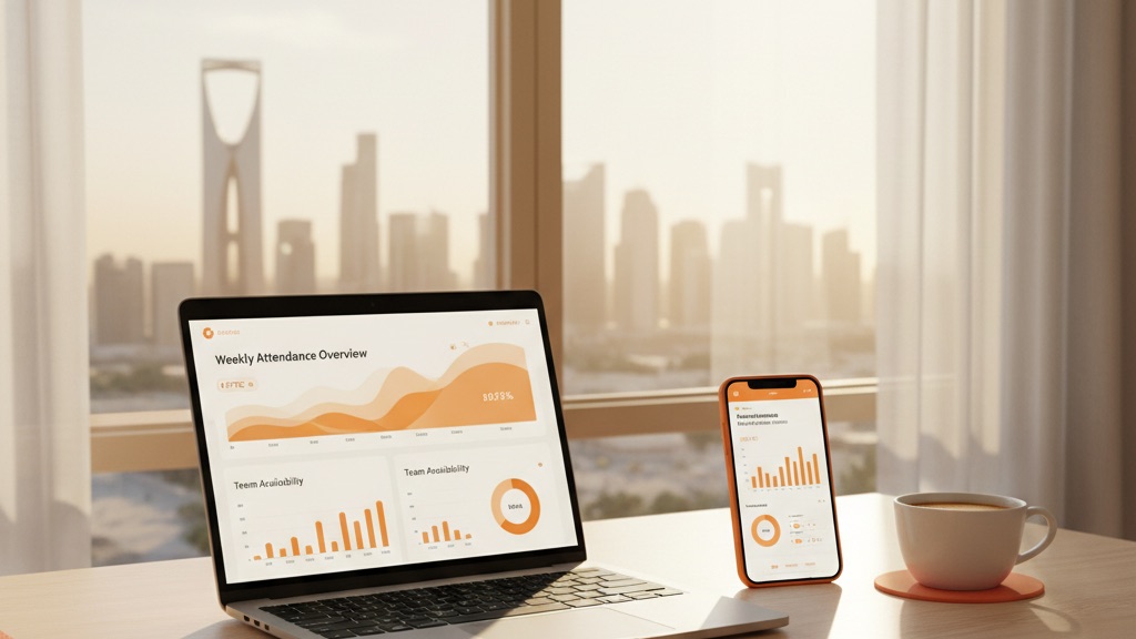Laptop showing an attendance dashboard next to a phone, with the Riyadh skyline in the background