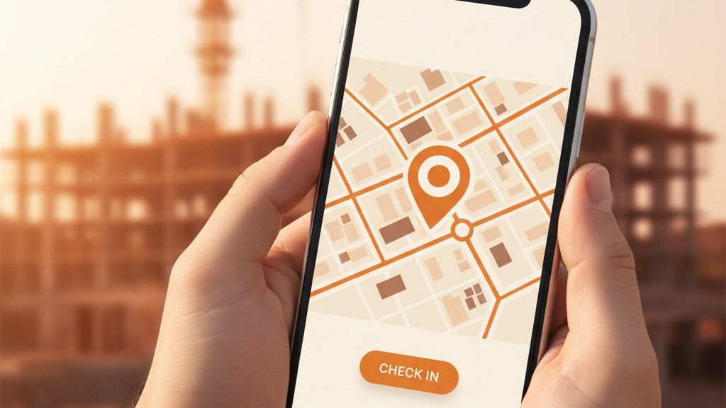 Hand holding a phone showing a GPS check-in screen, with a construction site in the background