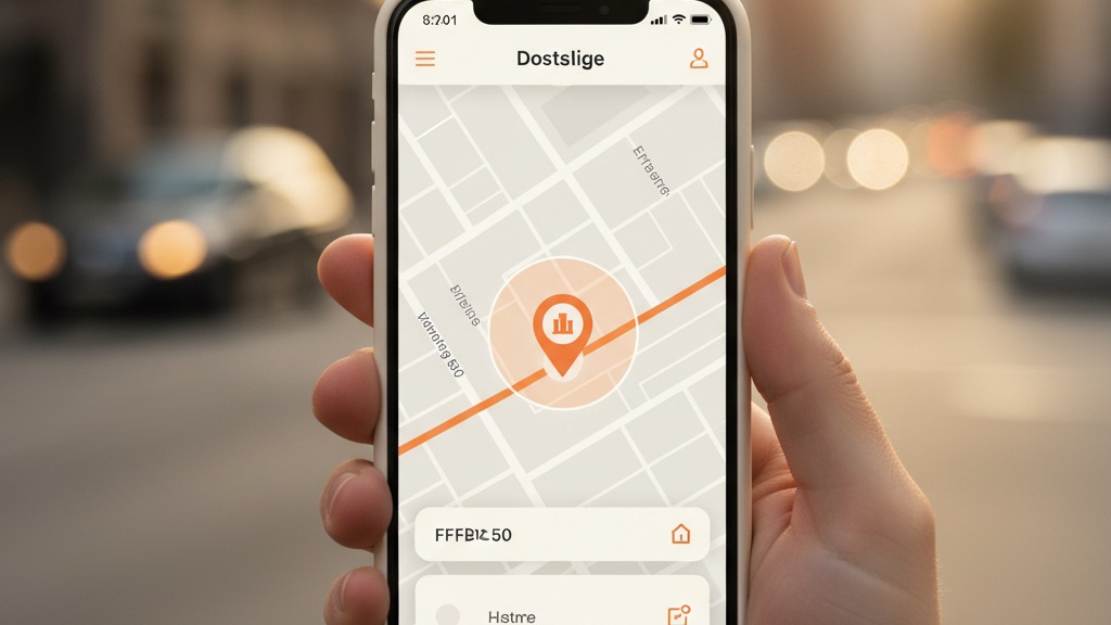 Hand holding a phone showing a location pin on a map