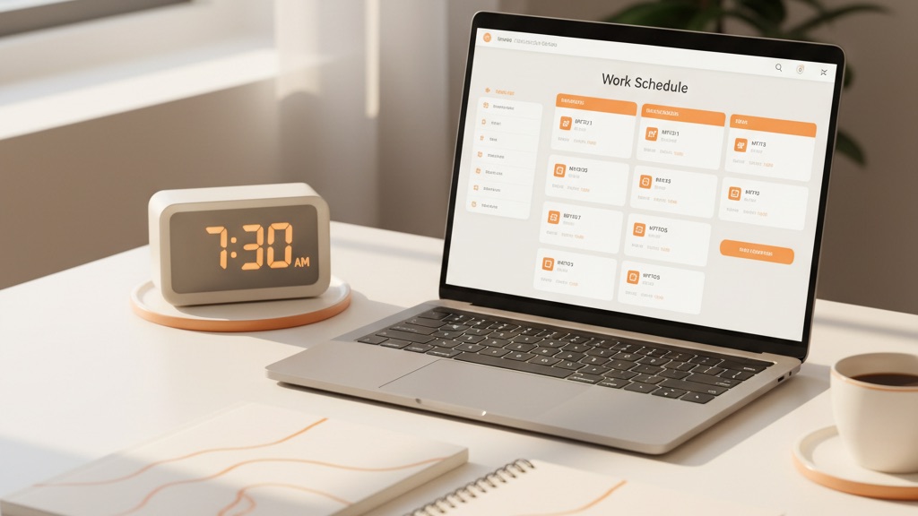 Laptop showing a work schedule board next to a digital clock reading 7:30