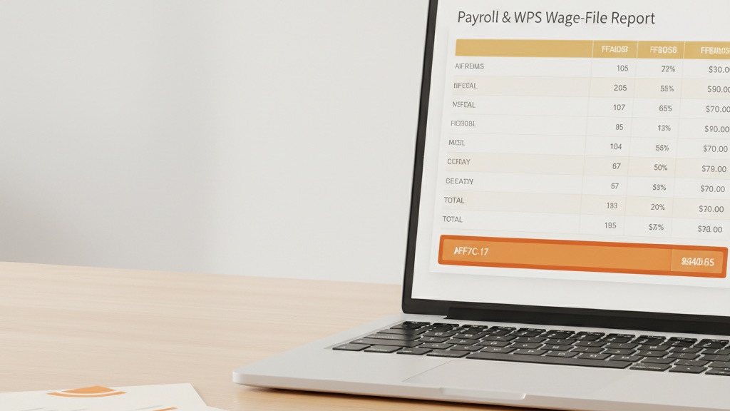 Laptop showing a payroll and wage-file report next to printed documents
